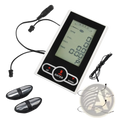 Black and white digital exercise bike monitor and speedometer display showing rpm distance time with three control buttons