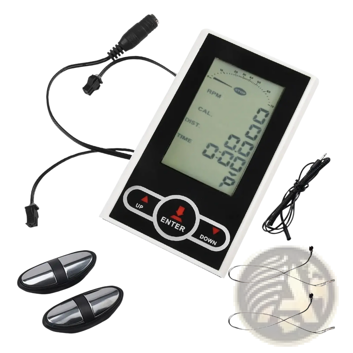 Black and white digital exercise bike monitor and speedometer display showing rpm distance time with three control buttons