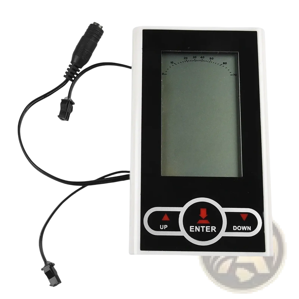 Black and white exercise bike monitor and speedometer display with circular dial and three control buttons labeled up enter down