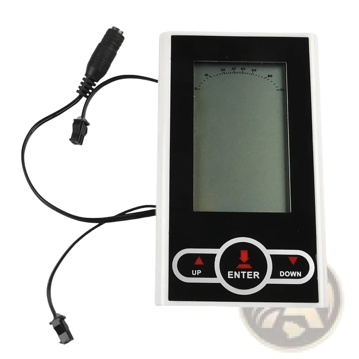 Black and white exercise bike monitor and speedometer display with circular dial and three control buttons labeled up enter down