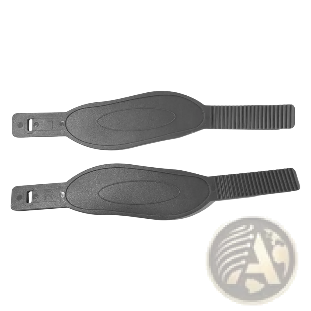 Black plastic exercise bike pedal strap with textured grip and molded oval design adjustable replacement part