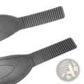 Black plastic exercise bike pedal strap with textured ribbed handle and oval-shaped head adjustable replacement part