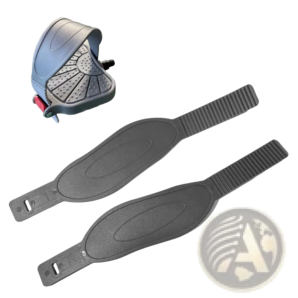 Gray plastic exercise bike pedal straps with textured grip surfaces and adjustable buckle ends for secure fit