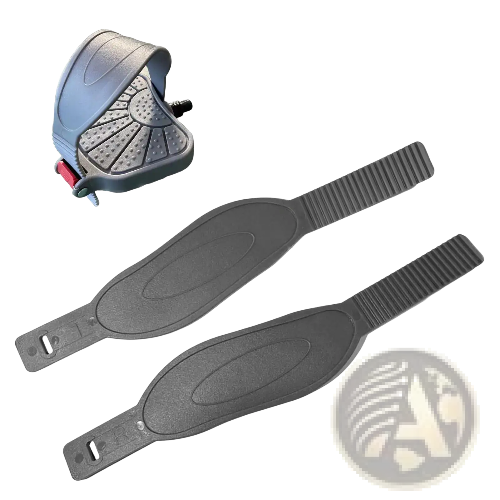 Gray plastic exercise bike pedal straps with textured grip surfaces and adjustable buckle ends for secure fit
