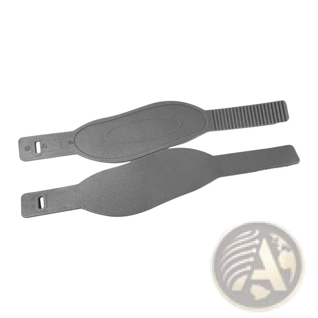 Gray plastic exercise bike pedal strap with textured grip and adjustable oval-shaped central panel replacement part