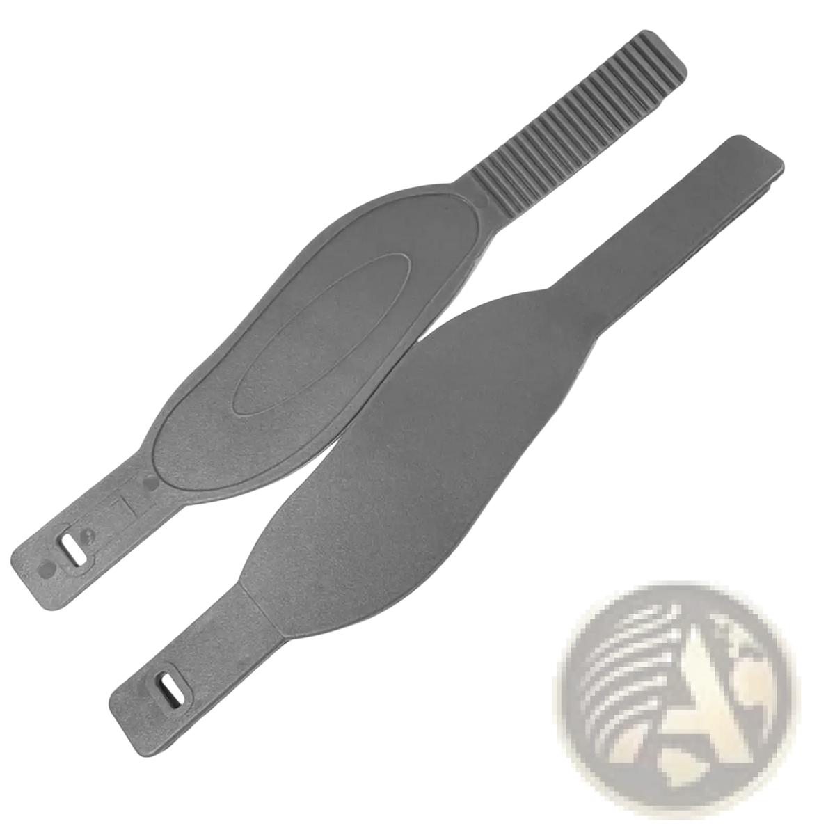 Gray plastic exercise bike pedal strap with textured grip and molded oval design adjustable replacement part