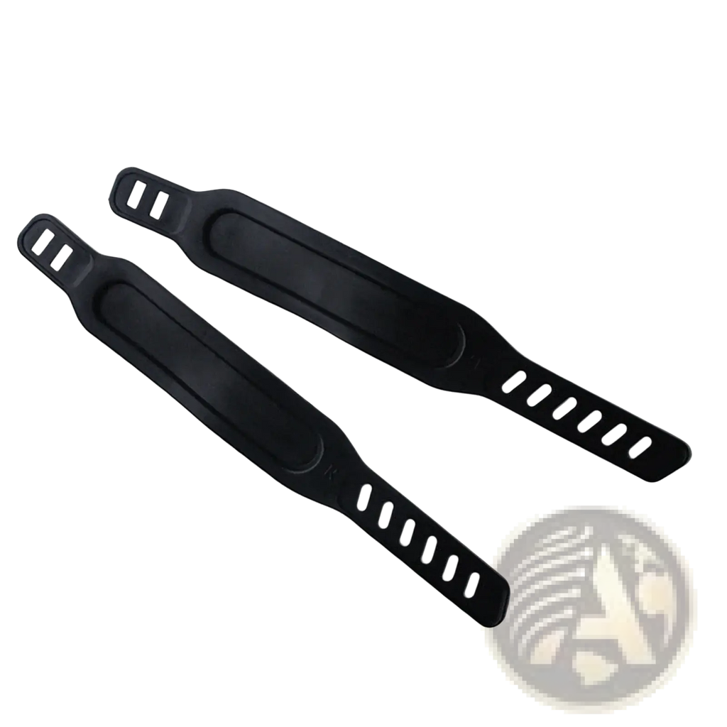 Black plastic exercise bike pedal straps with smooth matte finish and rectangular cutouts adjustable replacement pair