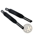 Black plastic exercise bike pedal straps with smooth matte finish and rectangular cutouts adjustable replacement pair