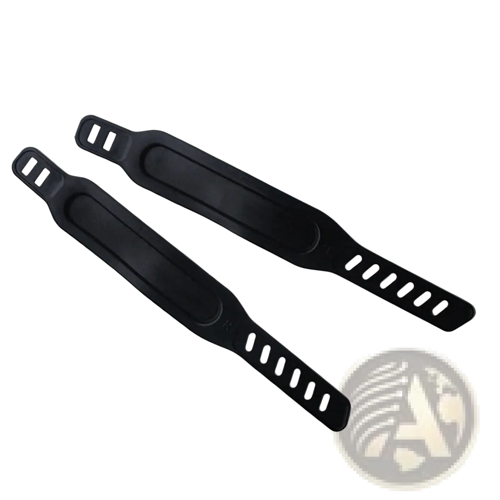 Black plastic exercise bike pedal straps with smooth matte finish and rectangular cutouts adjustable replacement pair