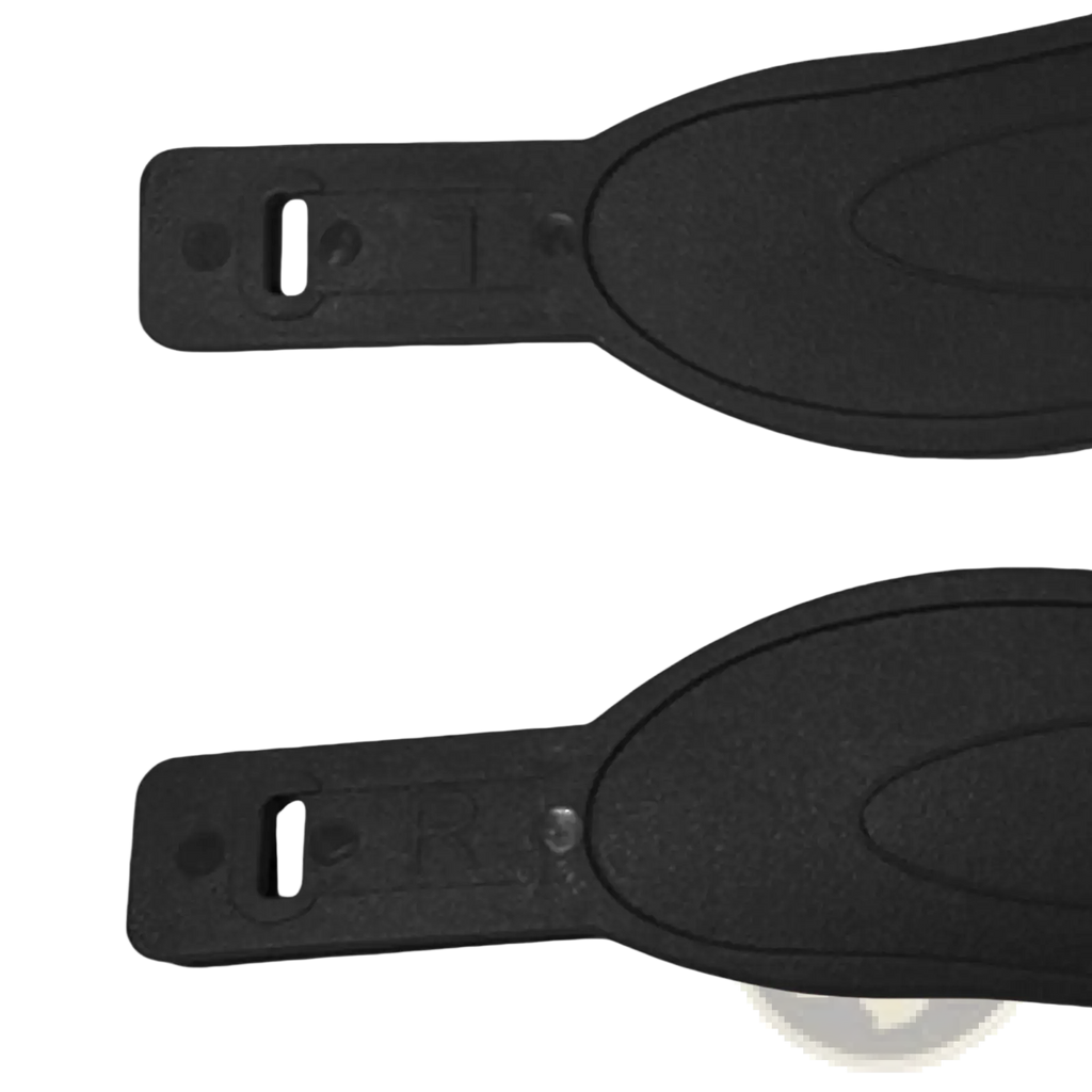 Black rubberized exercise bike pedal straps with molded oval design and rectangular attachment loop replacement pair
