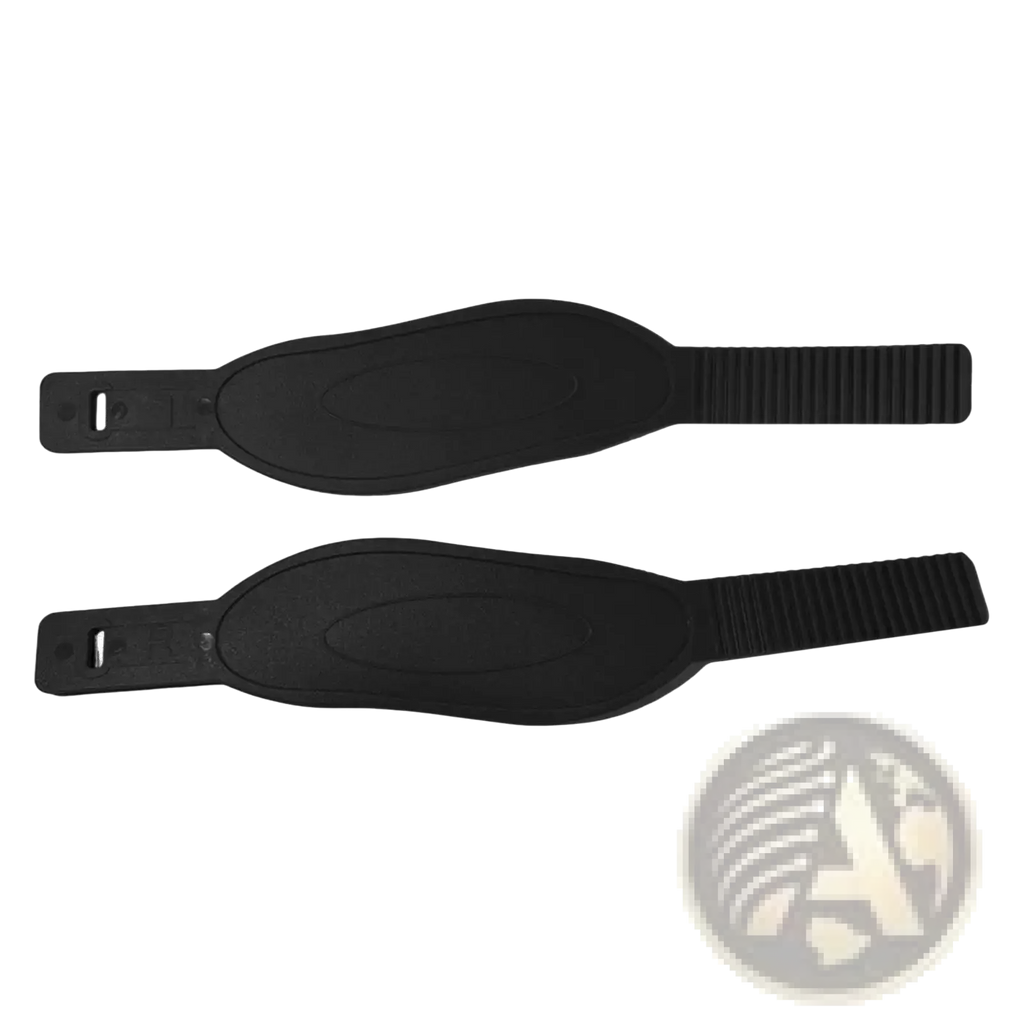 Black rubberized exercise bike pedal strap with textured grip and adjustable buckle replacement pair