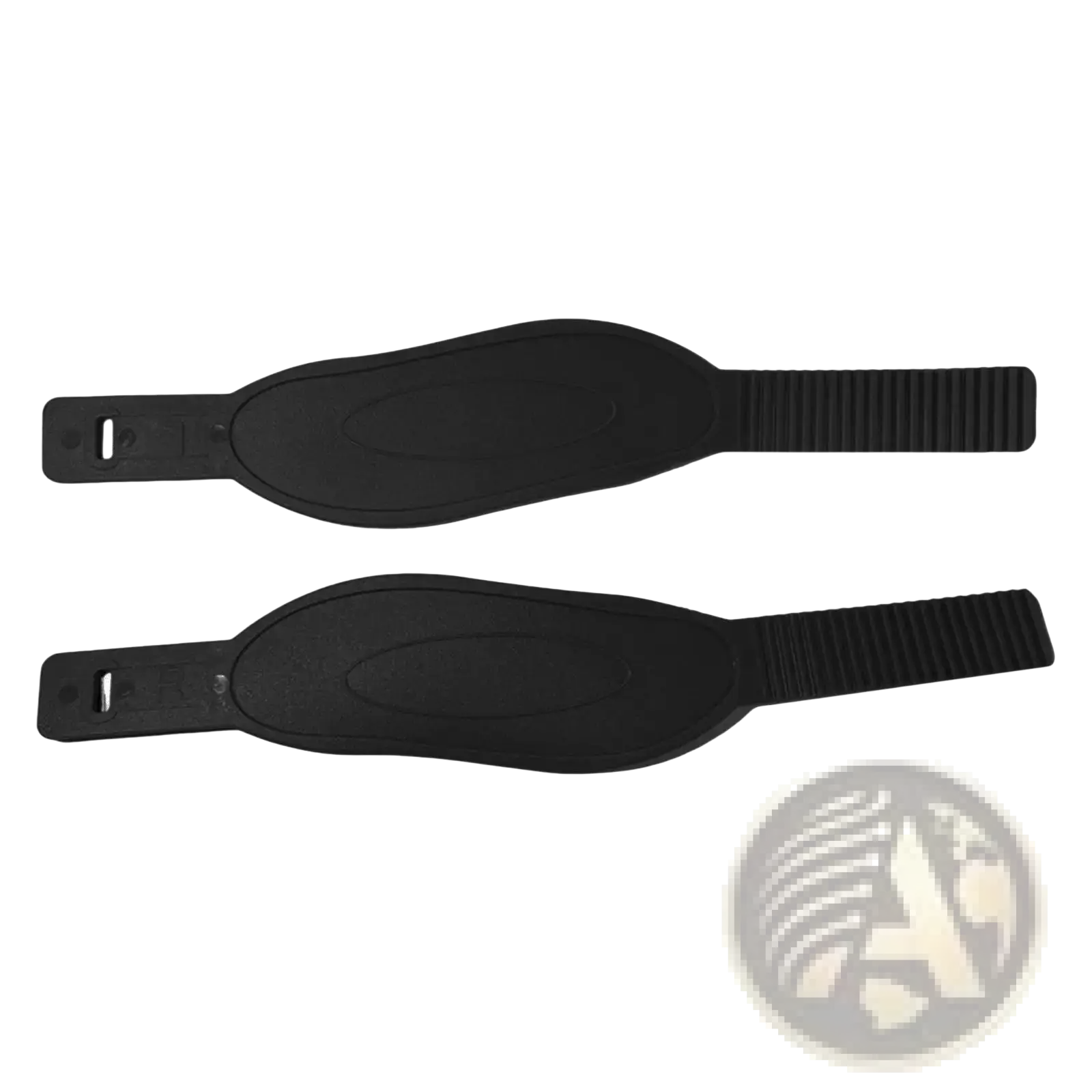 Black rubberized exercise bike pedal strap with textured grip and adjustable buckle replacement pair