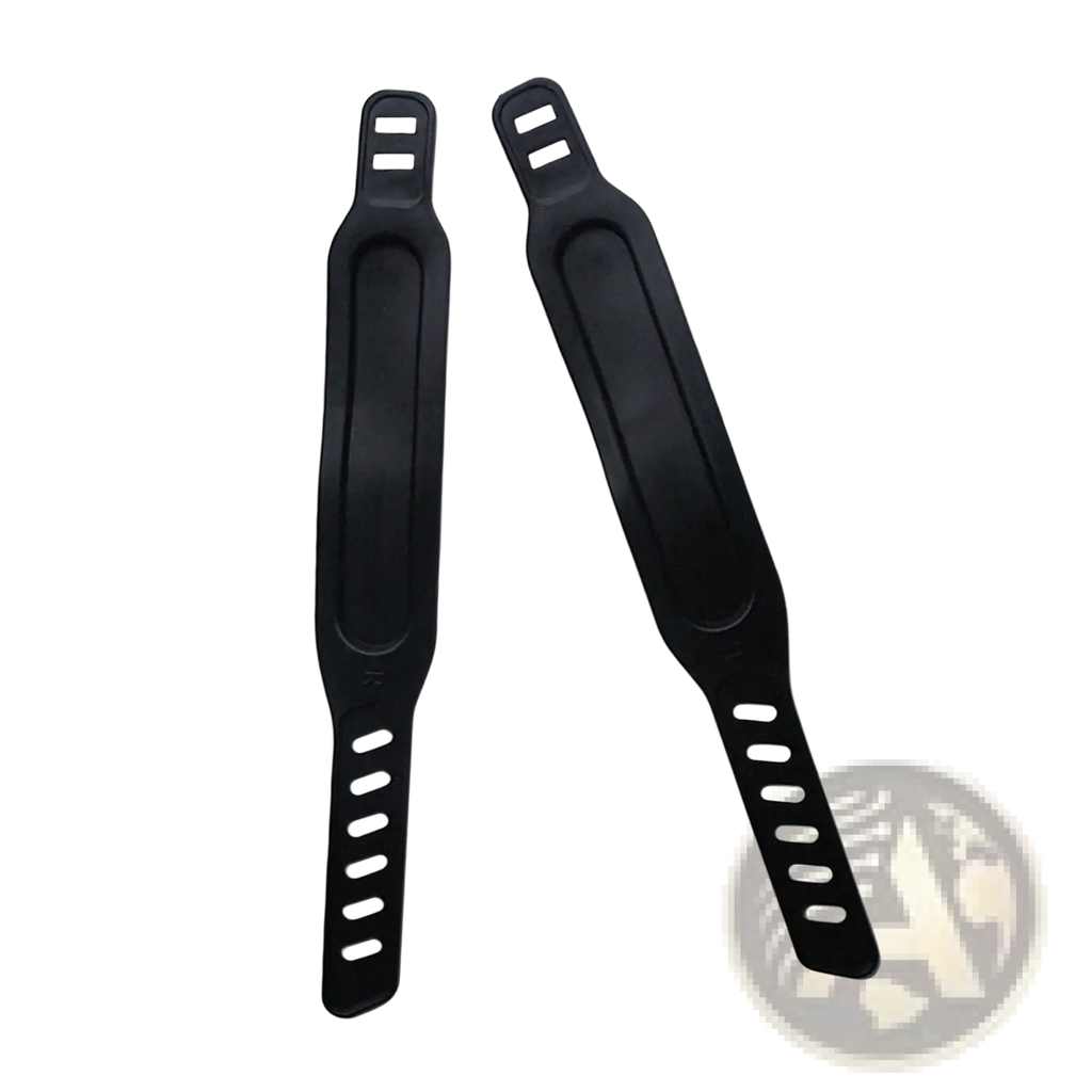 Black plastic exercise bike pedal straps with matte finish and adjustable elongated contoured design slots