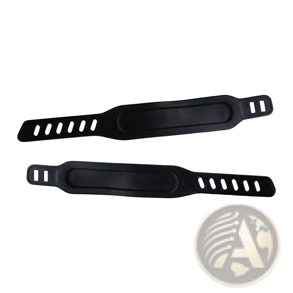 Black plastic exercise bike pedal straps with central padding and adjustable holes for secure sizing replacement pair