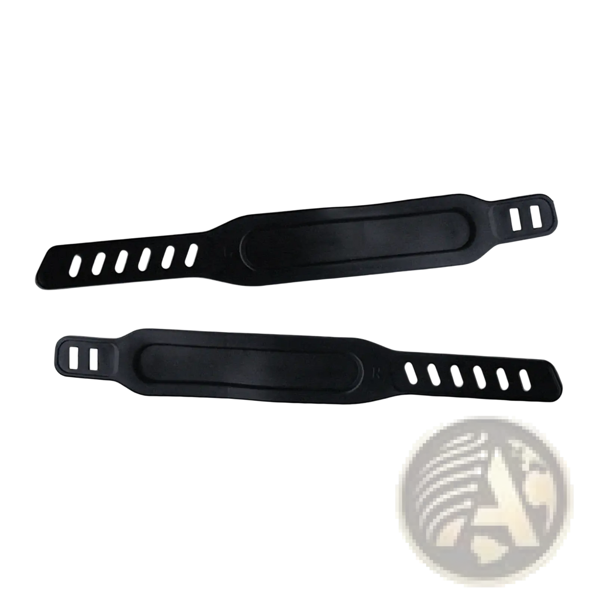 Black plastic exercise bike pedal straps with central padding and adjustable holes for secure sizing replacement pair