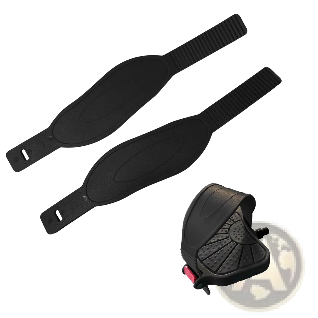 Black rubber exercise bike pedal straps with textured grip and adjustable velcro ends replacement pair