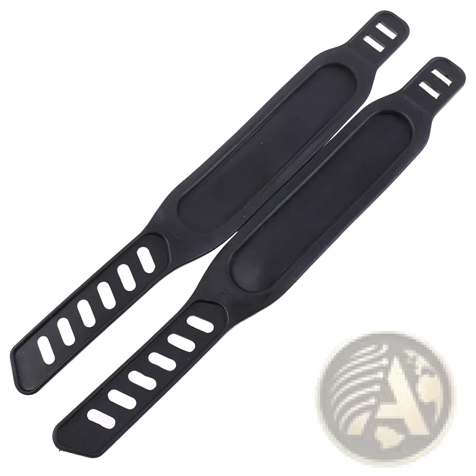 Black plastic exercise bike pedal straps pair with elongated oval cutouts along the sides for secure grip