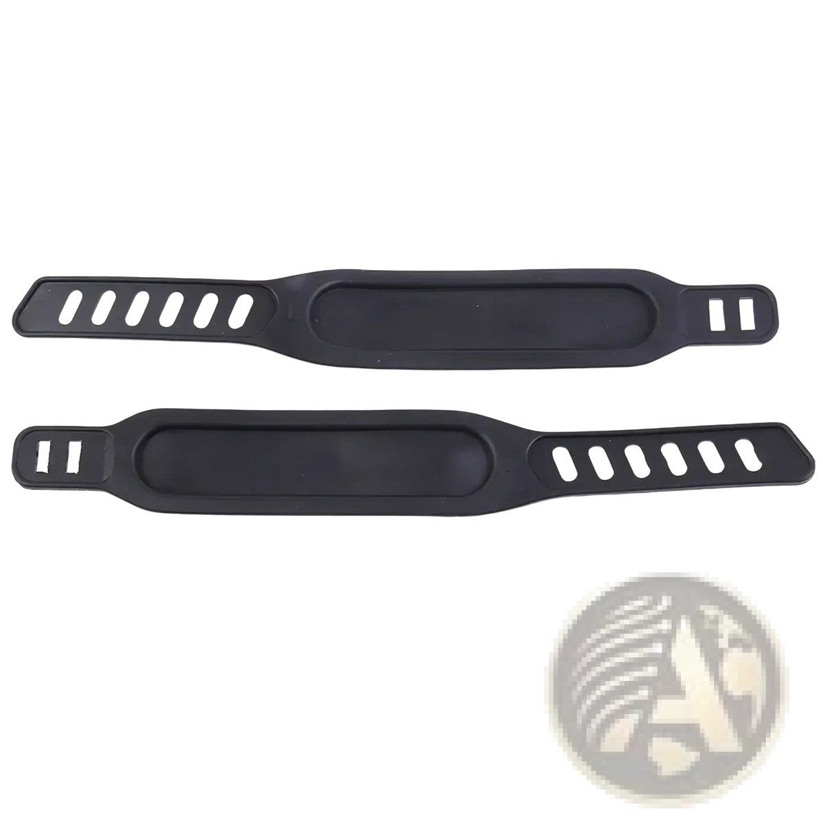 Black silicone exercise bike pedal straps pair with elongated central padding and oval cutouts for grip and comfort