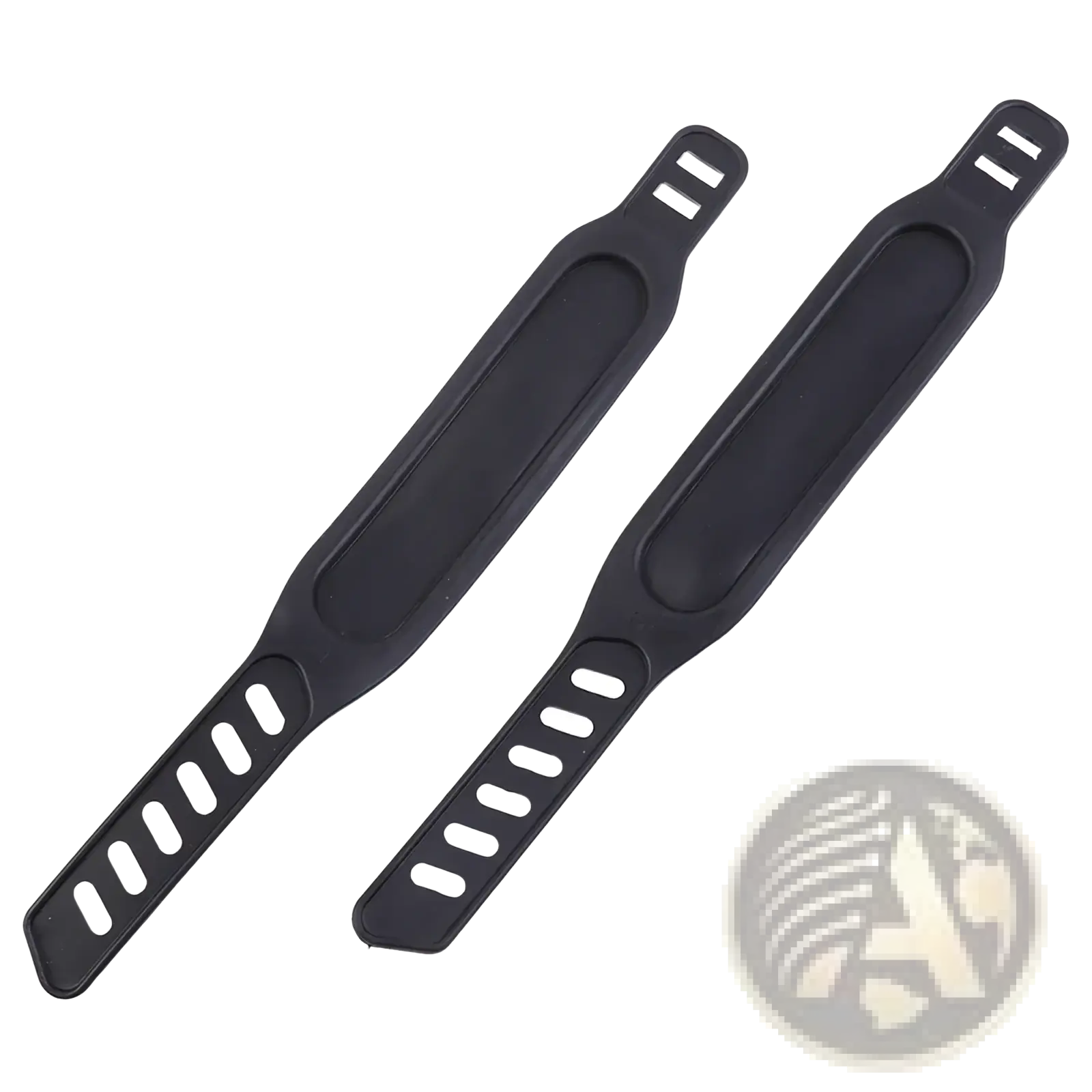 Black silicone exercise bike pedal straps pair with matte finish and elongated contoured design with oval cutouts
