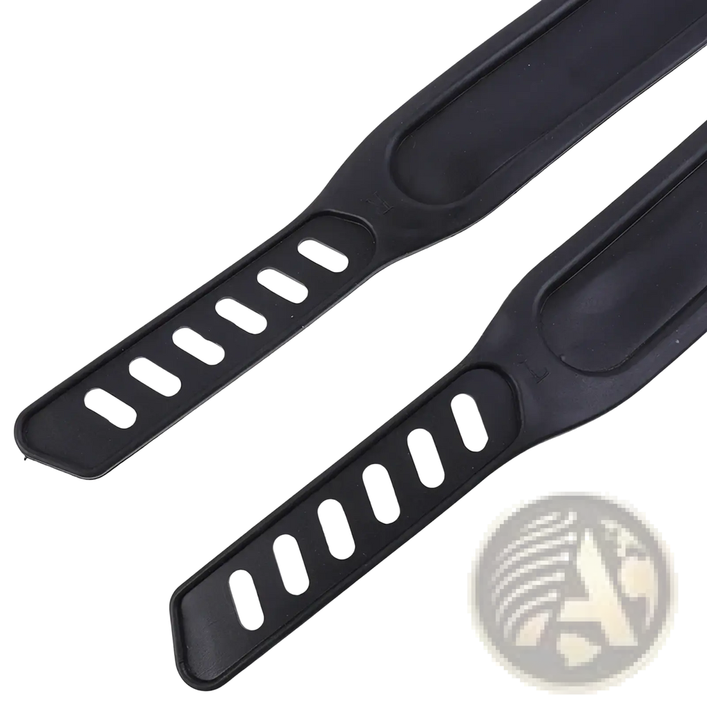 Black silicone exercise bike pedal straps pair with elongated oval cutouts for secure foot placement