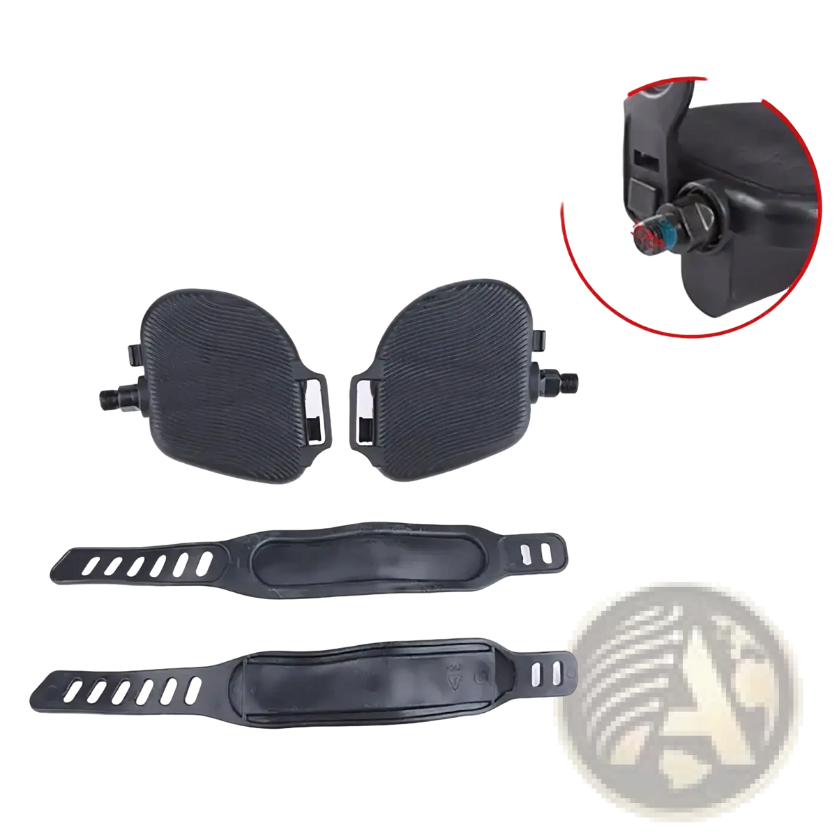 Exercise bike pedals with black carbon fiber style spindles 9/16 short 14.3mm and matching black rubber anti slip straps