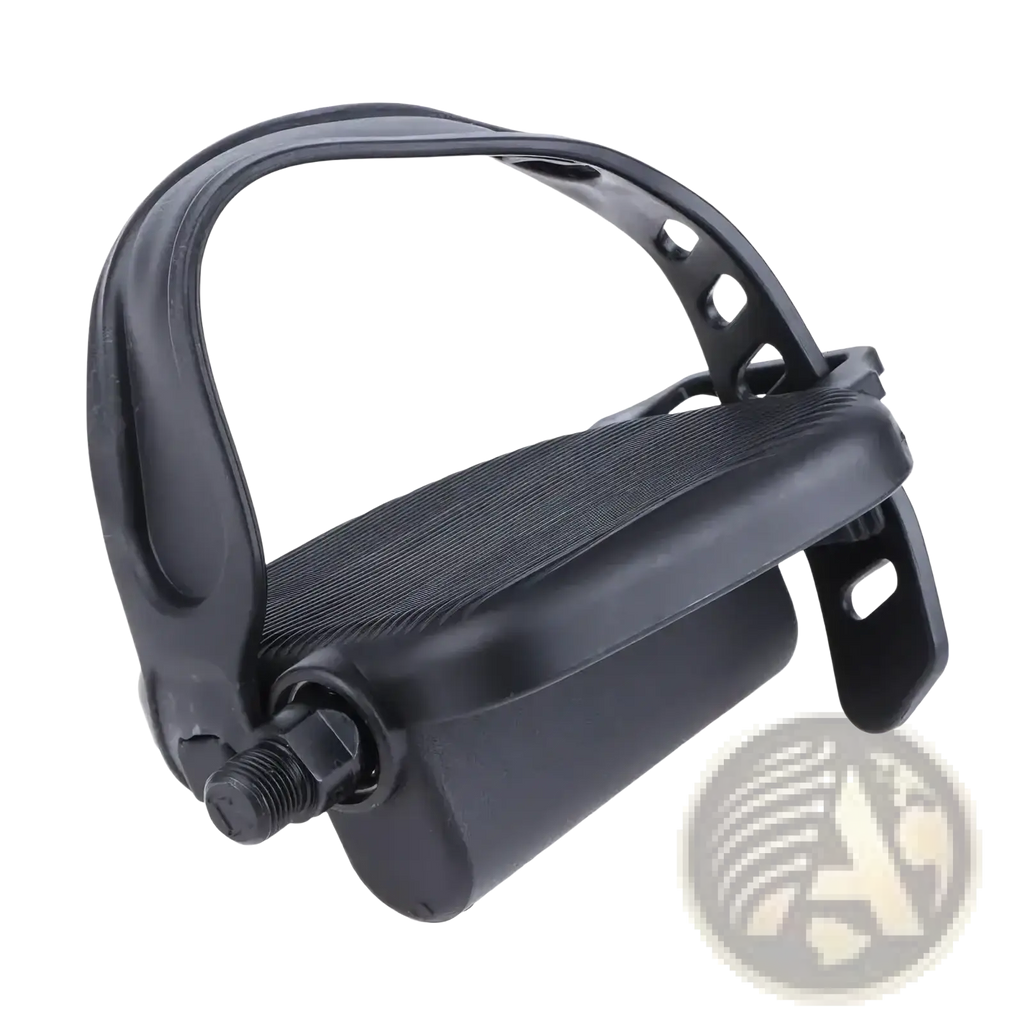 Black plastic exercise bike pedal with textured anti slip grip surface and adjustable mounting bracket