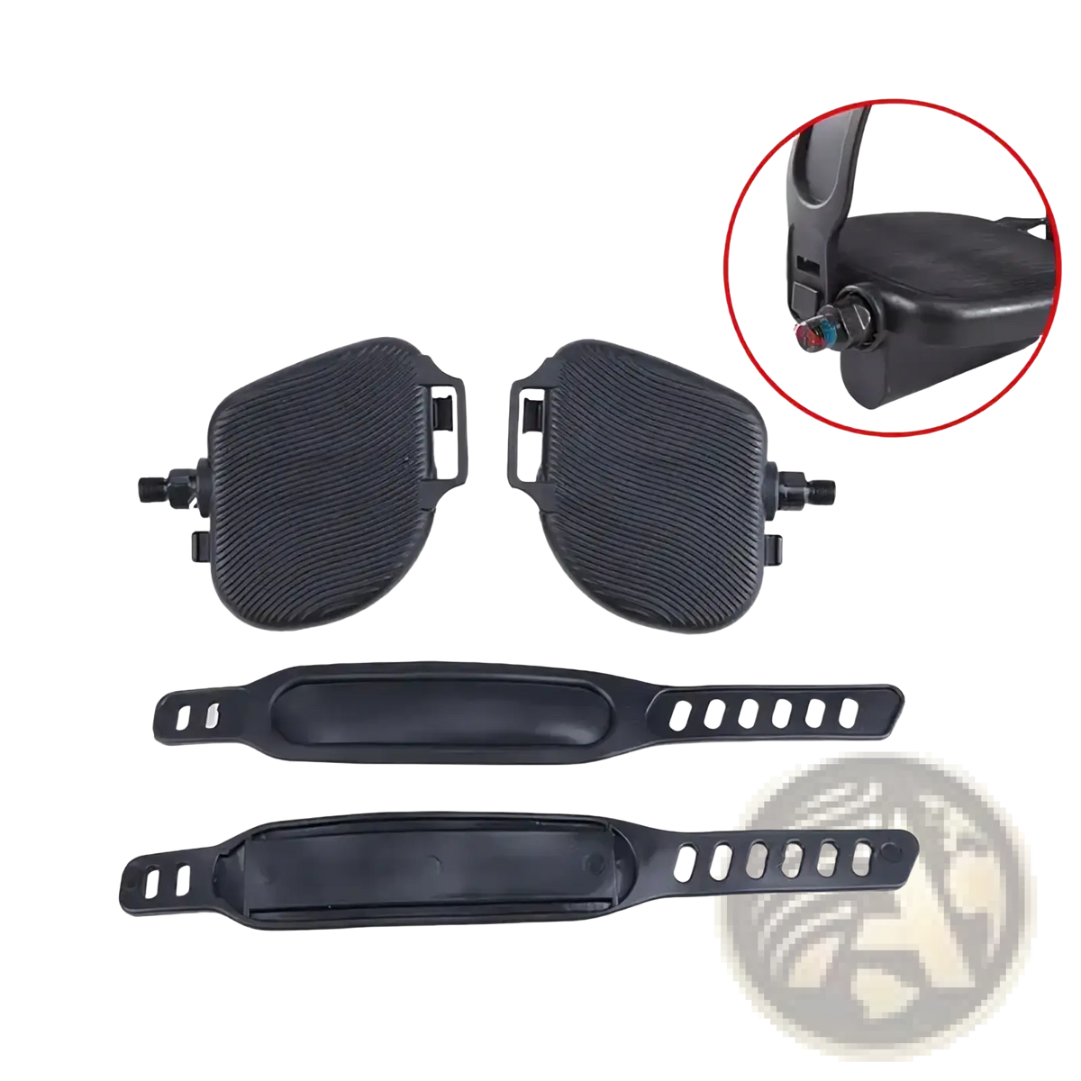 Black plastic exercise bike pedal straps with textured ribbed surfaces and adjustable buckle mechanisms for anti slip use