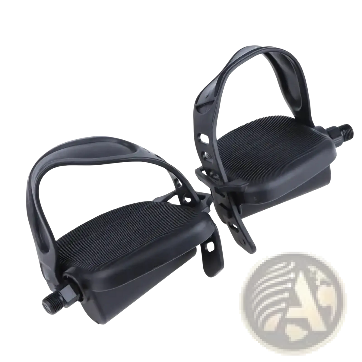 Black plastic exercise bike pedals with textured footbeds and adjustable anti slip straps for secure cycling