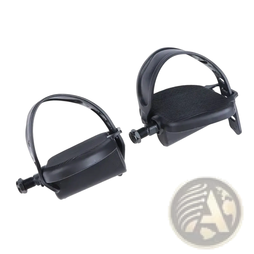 Black plastic exercise bike pedals with textured footpads and adjustable anti slip straps for secure cycling
