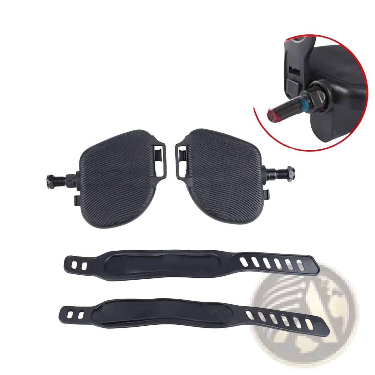 Black exercise bike pedals with anti slip textured grip and adjustable buckle strap closures for secure footing