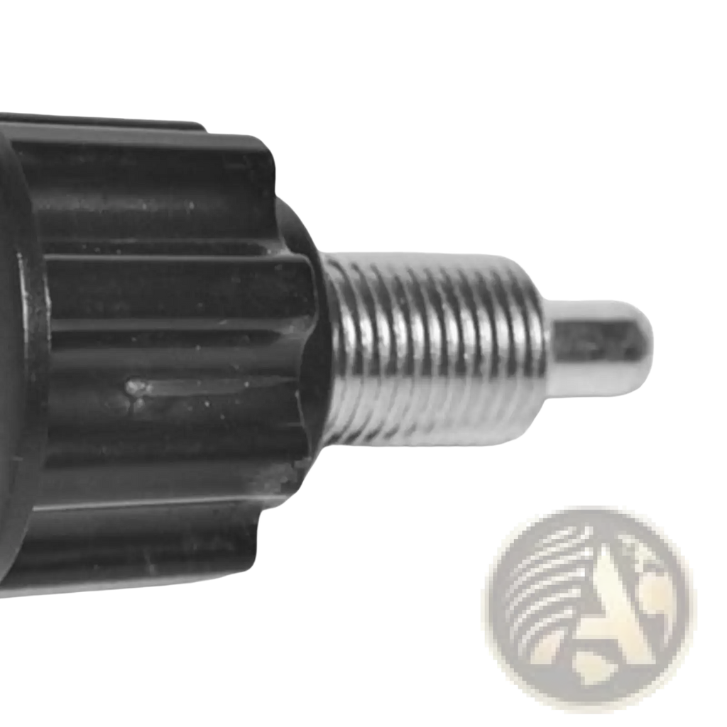 Black plastic exercise bike pull pin knob replacement with metallic threaded shaft and rounded tip