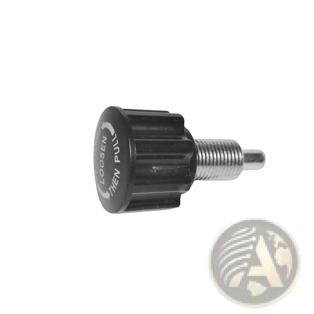 Black plastic exercise bike pull pin knob replacement with metallic threaded shaft marked loosen then pull