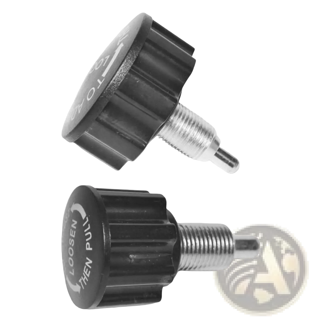Black plastic exercise bike pull pin knob replacement with threaded metal stem and embossed loosen then pull text