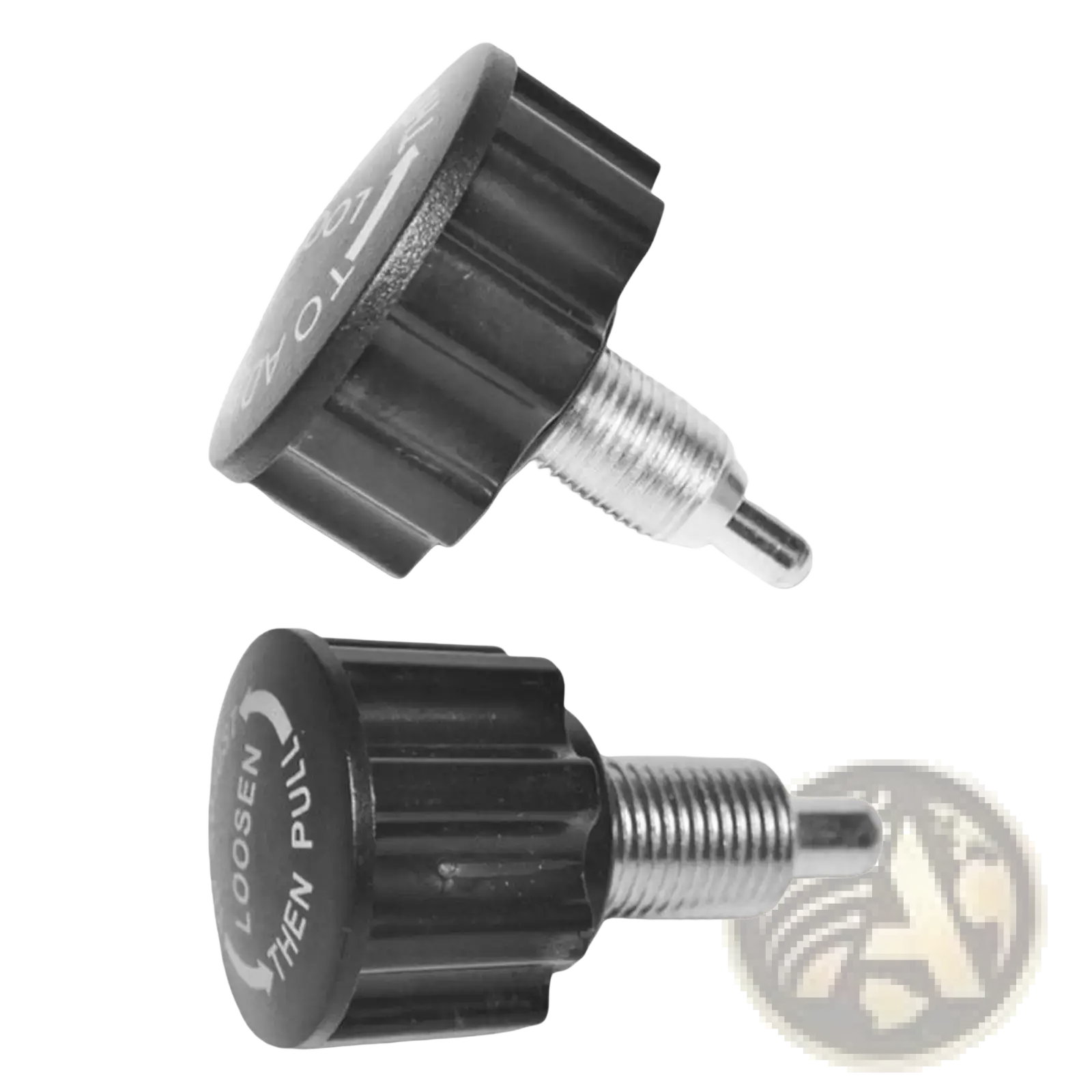 Black plastic exercise bike pull pin knob replacement with threaded metal stem and embossed loosen then pull text