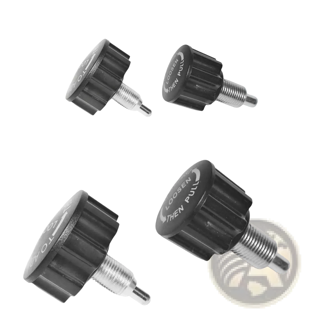 Black plastic exercise bike pull pin knob replacement with threaded metal shaft and loosen then pull engraving