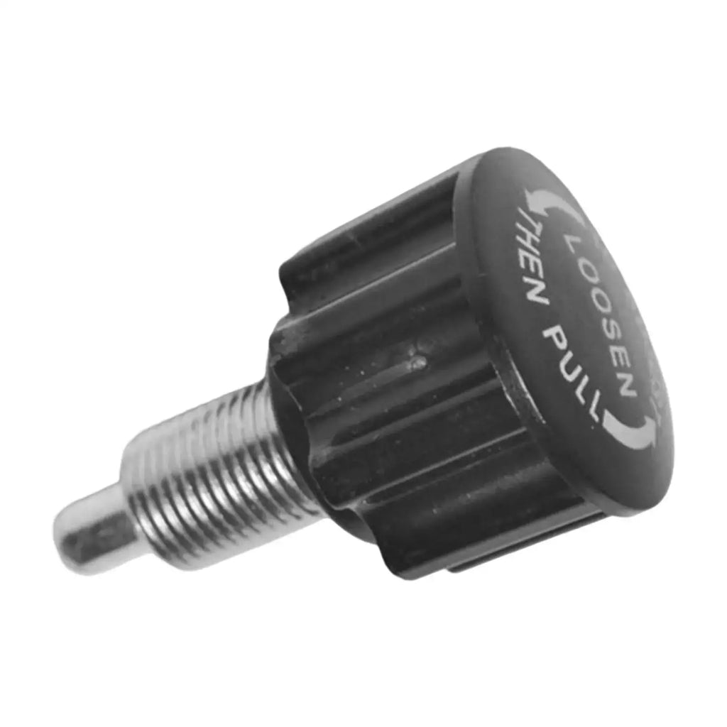 Black plastic exercise bike pull pin knob replacement with threaded metal shaft and loosen then pull instructions embossed