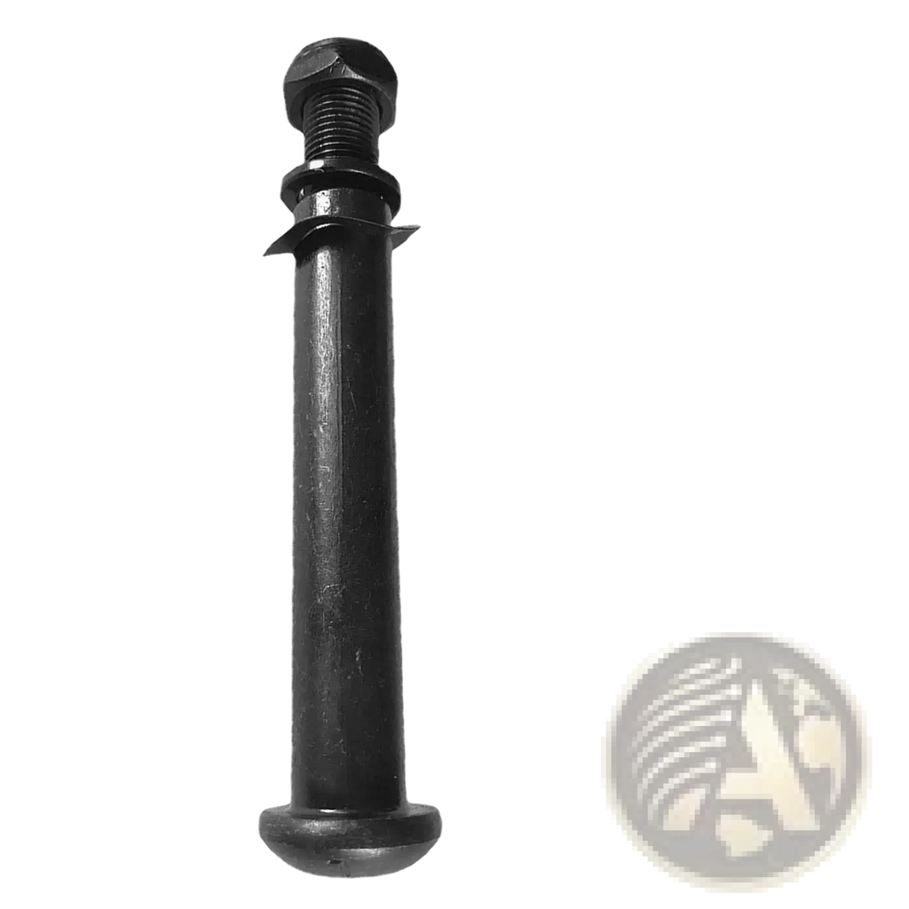 Black metal exercise bike replacement bolt thru-axle with threaded top and flanged bottom shown from the back side