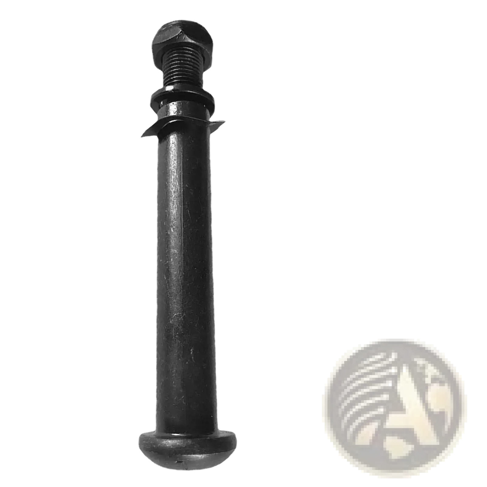 Black metal exercise bike replacement bolt thru-axle with threaded top and flanged bottom shown from the back side