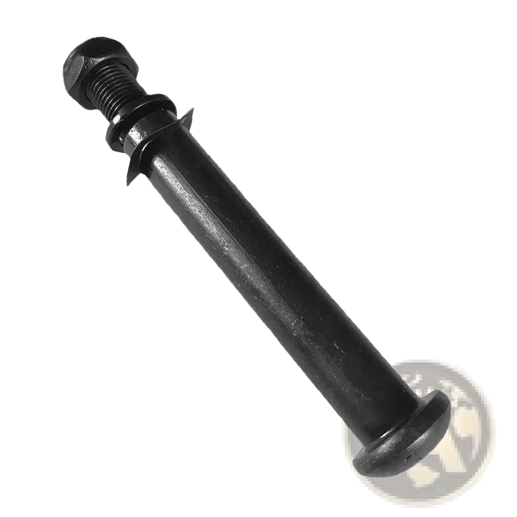 Black metal exercise bike replacement thru-axle bolt with hexagonal head and threaded shaft for adjustment and securing