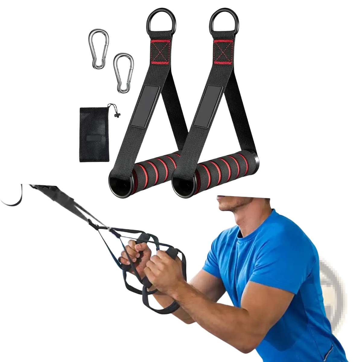 Exercise handles for resistance bands and cable machines with black and red textured grip designed for home or gym use
