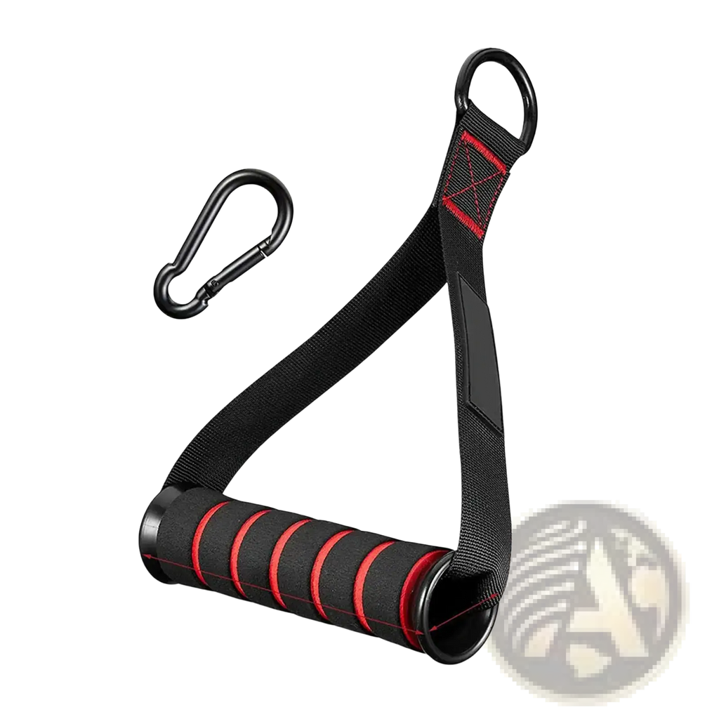 Exercise handles for resistance bands with black and red foam grips and metal carabiner clip for cable machines