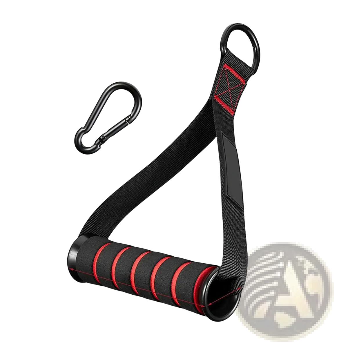 Exercise handles for resistance bands with black and red foam grips and metal carabiner clip for cable machines