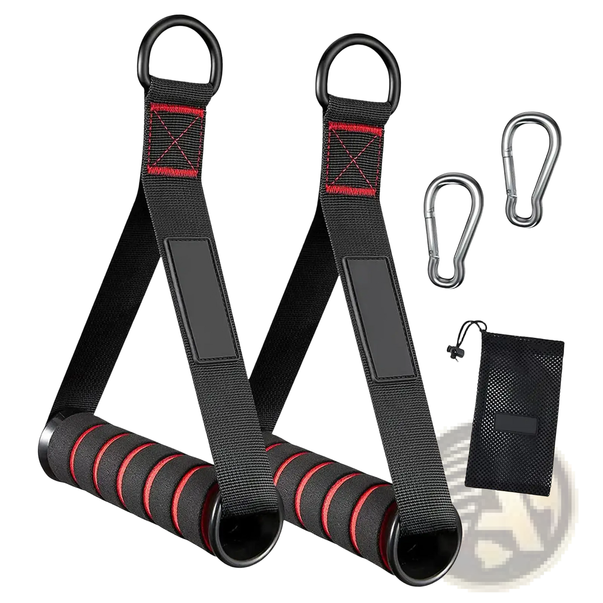 Exercise handles for resistance bands and cable machines with black and red straps and textured grip handles
