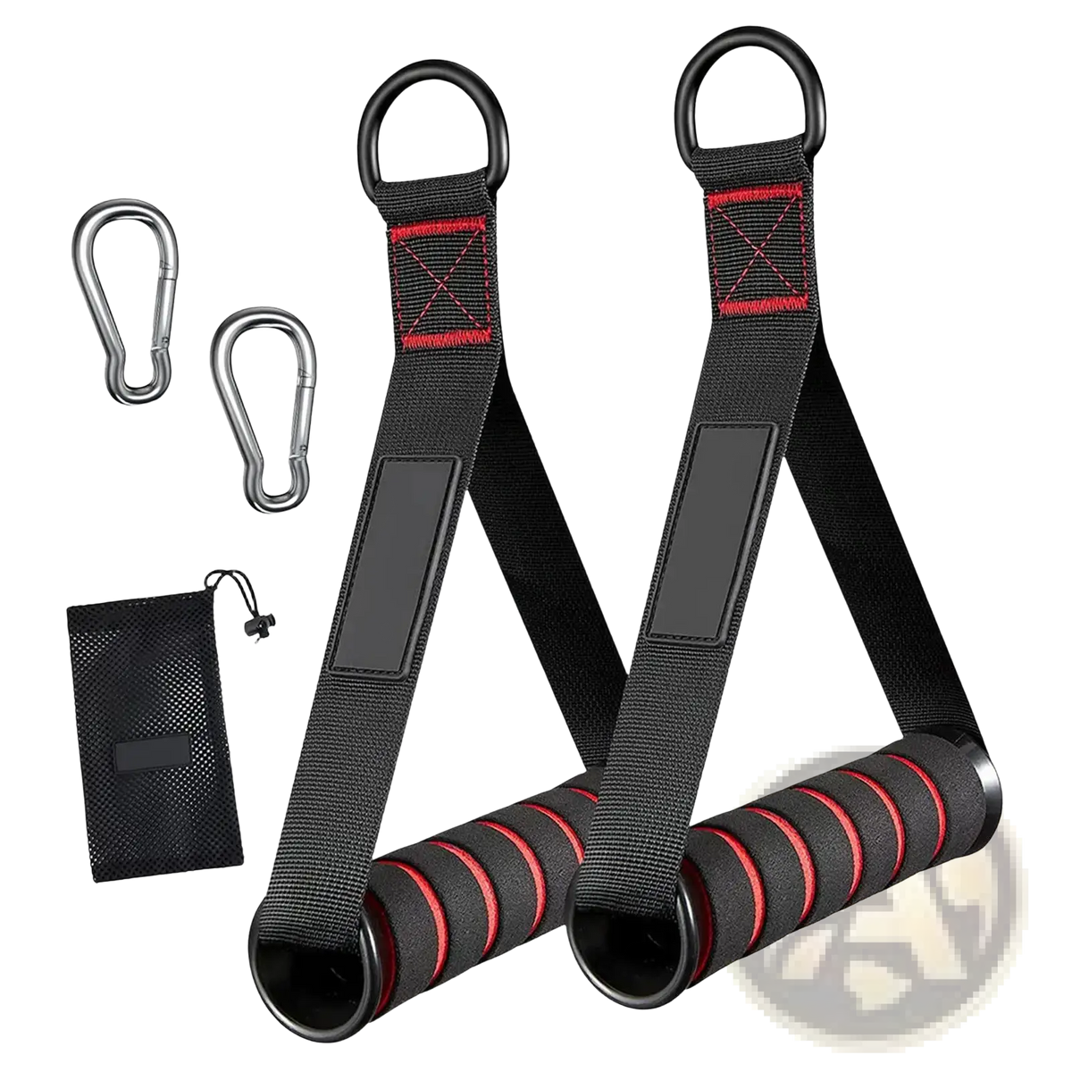 Exercise handles for resistance bands and cable machines featuring black and red straps with textured grip handles