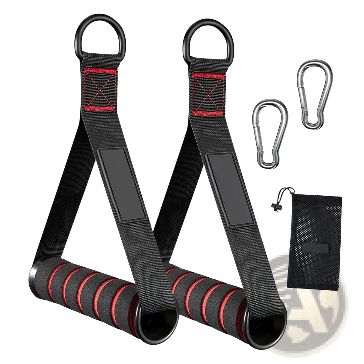 Exercise handles for resistance bands and cable machines with black and red straps and foam grips for training