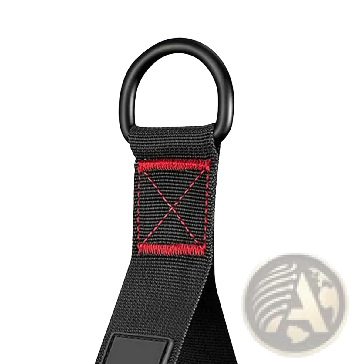 Exercise handles for resistance bands with black webbing strap, red stitching, and black metal d-ring for cable machines
