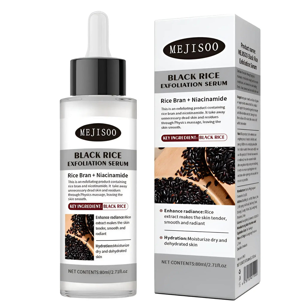Clear glass bottle with black dropper cap and white label featuring mejisoo exfoliating liquid deep cleansing oil control 80ml