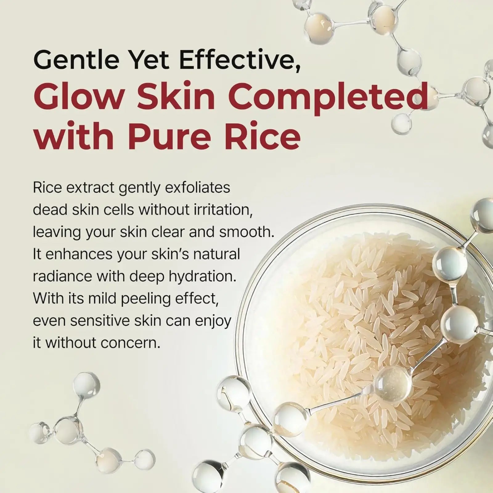 A clear glass bowl filled with white rice grains representing exfoliating liquid deep cleansing skin oil control 80ml