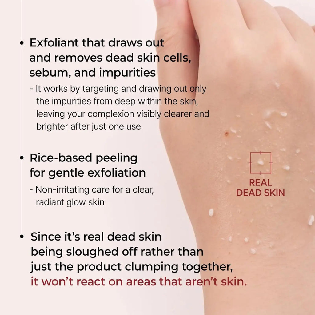 A hand applying rice-based exfoliating liquid deep cleansing skin oil control 80ml removing dead skin cells flakes