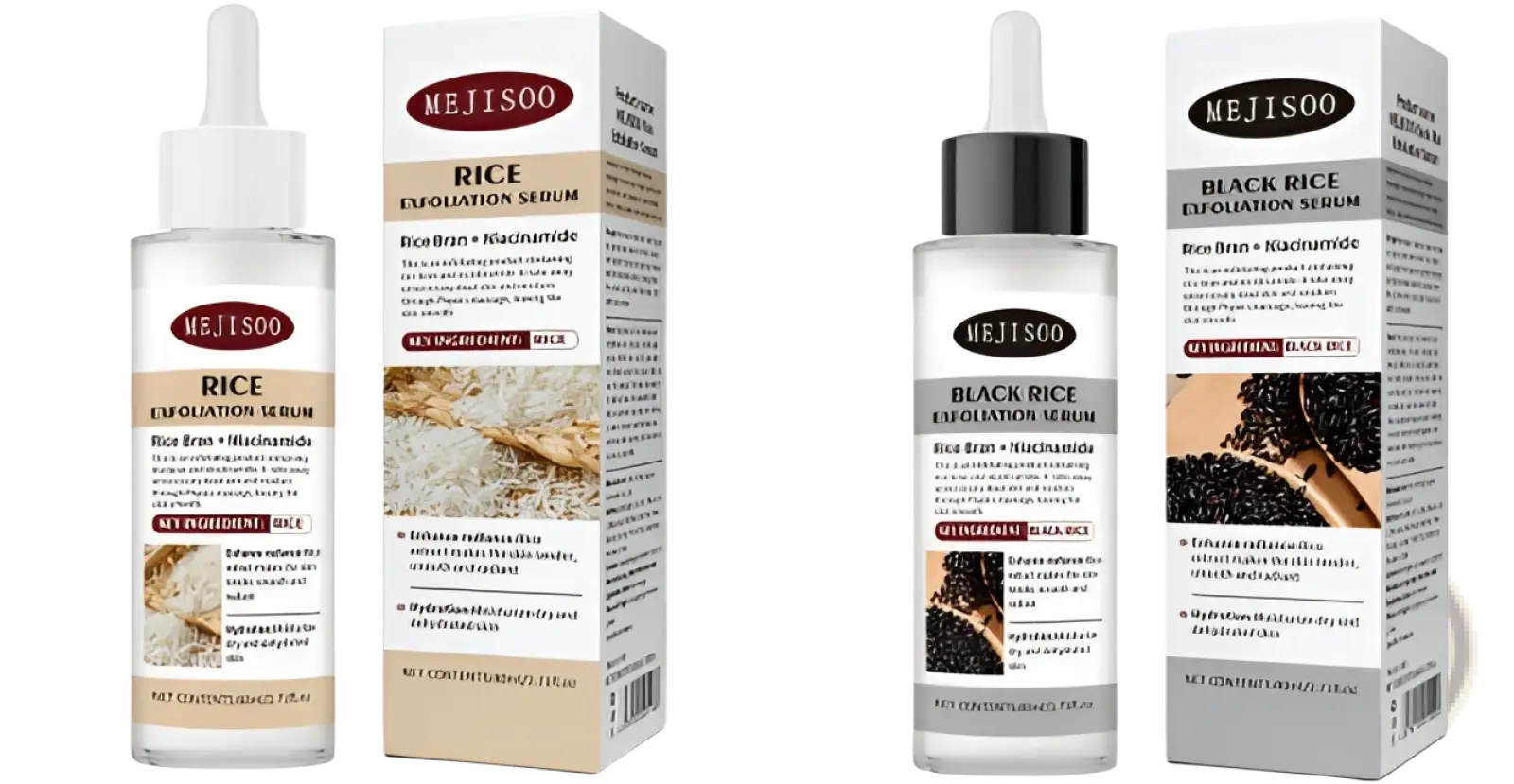 Two mejiso exfoliating liquid serums in glass bottles for deep cleansing and oil control with white and black caps